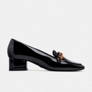 Zara Black Mid-Height Block Heel Chain Loafers. NWT.